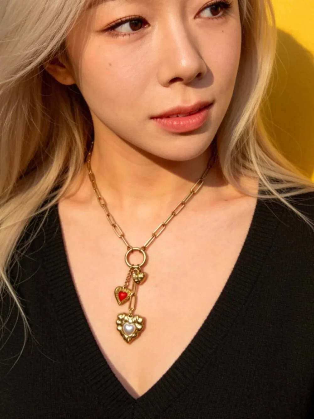 Gold Multi Heart Charm Necklace Stainless Steel - Picture 10 of 13
